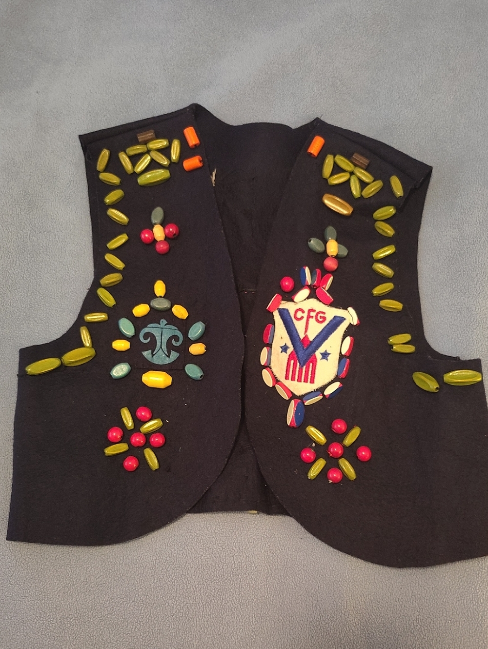 Dark Blue Beaded Vintage Campfire Girls Vest. Wooden Beads.